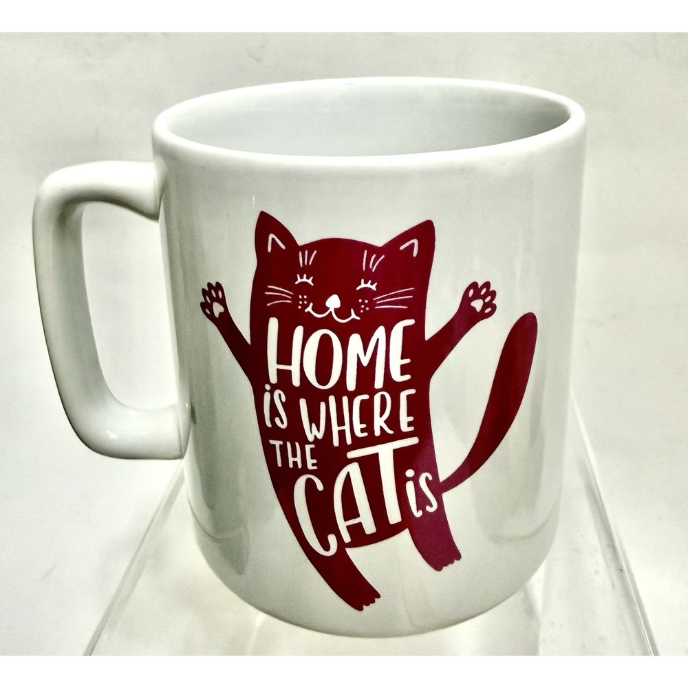 Home Is Where The Cat Is Coffee Mug White Cat Lover Paw Print Tea Cup